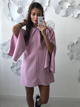 Load image into Gallery viewer, 2018 Herfst Sexy Flare Mouwen Gedrapeerde Losse Jurk Vrouwen Solid Split O-hals Casual Lange Mouwen Streetwear Mini Jurken