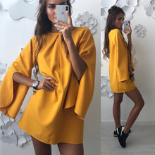 Load image into Gallery viewer, 2018 Herfst Sexy Flare Mouwen Gedrapeerde Losse Jurk Vrouwen Solid Split O-hals Casual Lange Mouwen Streetwear Mini Jurken