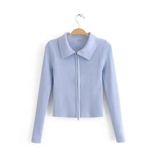 Load image into Gallery viewer, 4 kleuren vest mode Amerikaanse streetwear unif stijl dubbele rits trui gebreide strakke korte crop tops vrouwen trui