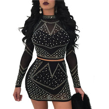 Load image into Gallery viewer, Adogirl Vrouwen Sexy Diamonds Twee Stuk Nachtclub Jurk Coltrui Lange Mouwen Crop Top Bandage Micro Mini Party Jurken Vestidos