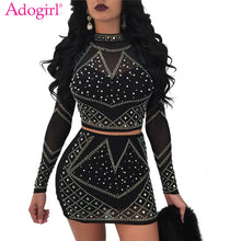 Load image into Gallery viewer, Adogirl Vrouwen Sexy Diamonds Twee Stuk Nachtclub Jurk Coltrui Lange Mouwen Crop Top Bandage Micro Mini Party Jurken Vestidos