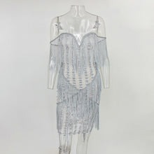 Load image into Gallery viewer, DRESSMECB Zomer Sexy V-hals Kwastje Feestjurk Vrouwen Mouwloze Elegante Vestidos Off Schouder Herfst Sequin Vintage Jurken