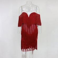 Load image into Gallery viewer, DRESSMECB Zomer Sexy V-hals Kwastje Feestjurk Vrouwen Mouwloze Elegante Vestidos Off Schouder Herfst Sequin Vintage Jurken