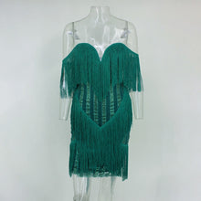 Load image into Gallery viewer, DRESSMECB Zomer Sexy V-hals Kwastje Feestjurk Vrouwen Mouwloze Elegante Vestidos Off Schouder Herfst Sequin Vintage Jurken