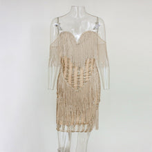 Load image into Gallery viewer, DRESSMECB Zomer Sexy V-hals Kwastje Feestjurk Vrouwen Mouwloze Elegante Vestidos Off Schouder Herfst Sequin Vintage Jurken