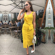Load image into Gallery viewer, HETE Herfst Zomer Jurk Nieuwe Mode Mouwloze Streetwear Toevallige Slanke Jurk Knielengte Rood &amp; Geel &amp; Zwarte Jurk Vestidos