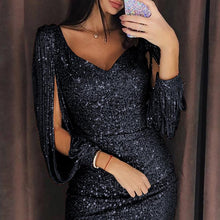 Load image into Gallery viewer, 2019 Tassel Lantern Sleeve Sequin Dress Women Sexy V-neck Bodycon Dresses Summer Fashion Elegant Party Dress Sequined Vestidos