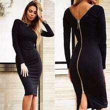 Load image into Gallery viewer, Herfst Breien Jurk 2018 Vrouwen Schede Leng Mouw Zwart Blauwe Jurk Knielange Sexy Backless Rits Jurken