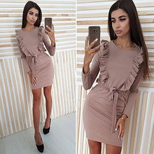 Load image into Gallery viewer, Herfst Ruches Sjerpen Schede Bodycon Jurk Vrouwen 2018 Solid Lange Mouw O-hals Casual Dress Sexy Party Mini Jurken