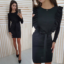 Load image into Gallery viewer, Herfst Ruches Sjerpen Schede Bodycon Jurk Vrouwen 2018 Solid Lange Mouw O-hals Casual Dress Sexy Party Mini Jurken