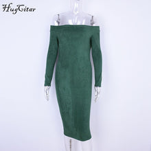 Load image into Gallery viewer, Hugcitar Suede Lange Mouwen off shoulder Vrouwen mid-kalf Jurk 2018 Herfst Winter Vrouwelijke sexy Bodycon nieuwjaar party jurken