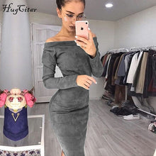 Load image into Gallery viewer, Hugcitar Suede Lange Mouwen off shoulder Vrouwen mid-kalf Jurk 2018 Herfst Winter Vrouwelijke sexy Bodycon nieuwjaar party jurken