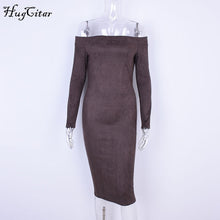 Load image into Gallery viewer, Hugcitar Suede Lange Mouwen off shoulder Vrouwen mid-kalf Jurk 2018 Herfst Winter Vrouwelijke sexy Bodycon nieuwjaar party jurken