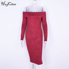 Load image into Gallery viewer, Hugcitar Suede Lange Mouwen off shoulder Vrouwen mid-kalf Jurk 2018 Herfst Winter Vrouwelijke sexy Bodycon nieuwjaar party jurken