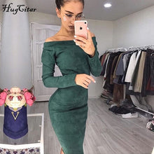 Load image into Gallery viewer, Hugcitar Suede Lange Mouwen off shoulder Vrouwen mid-kalf Jurk 2018 Herfst Winter Vrouwelijke sexy Bodycon nieuwjaar party jurken