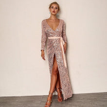 Load image into Gallery viewer, Joyfunear Sexy Club Wear Feestjurk Womens Roze Goud Knoop Diepe V-hals Twist Voor Hoge Split Lange Mouwen Sequin Maxi Jurk