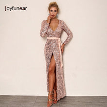 Load image into Gallery viewer, Joyfunear Sexy Club Wear Feestjurk Womens Roze Goud Knoop Diepe V-hals Twist Voor Hoge Split Lange Mouwen Sequin Maxi Jurk