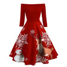 Load image into Gallery viewer, Kerst Vrouwen Off Shoulder Print Vintage Avond Party Dress Flare Jurk kerst jurk feestjurk vestidos
