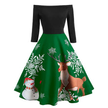 Load image into Gallery viewer, Kerst Vrouwen Off Shoulder Print Vintage Avond Party Dress Flare Jurk kerst jurk feestjurk vestidos