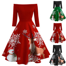 Load image into Gallery viewer, Kerst Vrouwen Off Shoulder Print Vintage Avond Party Dress Flare Jurk kerst jurk feestjurk vestidos