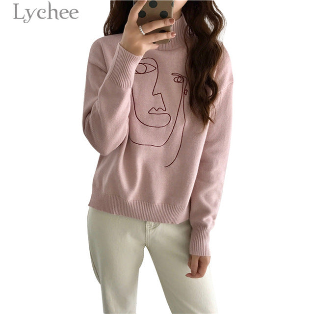 Lychee Autumn Winter Geometric Face Embroidery Women Sweater Mock Neck Long Sleeve Soft Split Pullover Sweater Female