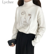 Load image into Gallery viewer, Lychee Autumn Winter Geometric Face Embroidery Women Sweater Mock Neck Long Sleeve Soft Split Pullover Sweater Female