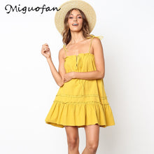 Load image into Gallery viewer, Miguofan Vrouwen Jurk Casual Solid Katoen Strap A-lijn Jurk Voor Vrouwen Eenvoudige Ruches Mouwloze Lace Up Jurk Vrouwelijke
