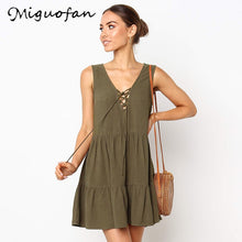 Load image into Gallery viewer, Miguofan Vrouwen Solid Katoen Mini Jurk V-hals Riem Vastgebonden Mouwloze Toevallige Hoge Taille Losse Jurk Vrouwelijke 2018 Zomer Herfst nieuwe