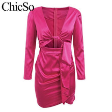 Load image into Gallery viewer, MissyChilli Party bandage satin sexy jurk Vrouwen v-hals club roze herfst jurk Vrouwelijke fluorescentie korte elegante jurk vestidos