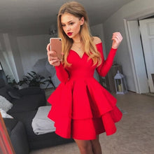 Load image into Gallery viewer, Mode Vrouwen Zomer Jurk Leuke Off Shoulder Lange Mouwen Jurk Vrouwelijke Sexy V-hals Pure Kleur Partyt Jurk