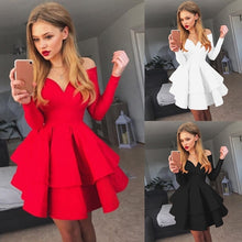 Load image into Gallery viewer, Mode Vrouwen Zomer Jurk Leuke Off Shoulder Lange Mouwen Jurk Vrouwelijke Sexy V-hals Pure Kleur Partyt Jurk