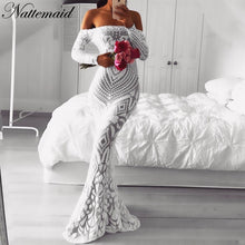 Load image into Gallery viewer, NATTEMAID Off Shoulder Black Maxi White Dress 2018 Mesh Bodycon Pailletten Jurk Vrouwen Strapless Party Sexy Winter Jurken Vestido
