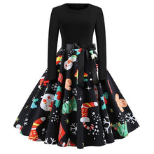 Load image into Gallery viewer, Nieuwe Herfst Vrouwen Kerst Vintage Jurk Europa &amp; Amerika Stijl Print Piecing Lange Mouw Stropdas Riem Slim Grote Schommel Flare jurk