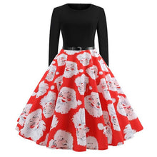 Load image into Gallery viewer, Nieuwe Herfst Vrouwen Kerst Vintage Jurk Europa &amp; Amerika Stijl Print Piecing Lange Mouw Stropdas Riem Slim Grote Schommel Flare jurk