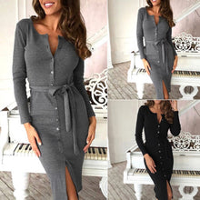 Load image into Gallery viewer, Nieuwe Herfst Winter Jurk Vrouwen Slanke Lange Mouw Knoppen Casual Bodycon Cocktail Knielange Jurk Vrouwelijke Jurken Vestidos