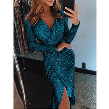 Load image into Gallery viewer, Ruiyige 2019 New Spring Sexy V Neck High Slit Party Dress Women Glitter Bodycon Midi Tunic Dresses Long Sleeve Ladies Vestidos