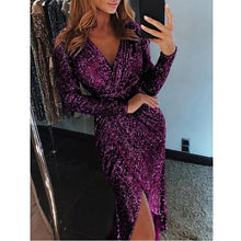 Load image into Gallery viewer, Ruiyige 2019 New Spring Sexy V Neck High Slit Party Dress Women Glitter Bodycon Midi Tunic Dresses Long Sleeve Ladies Vestidos