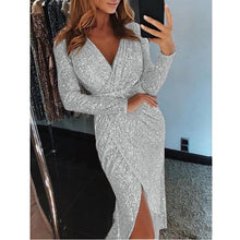 Load image into Gallery viewer, Ruiyige 2019 New Spring Sexy V Neck High Slit Party Dress Women Glitter Bodycon Midi Tunic Dresses Long Sleeve Ladies Vestidos