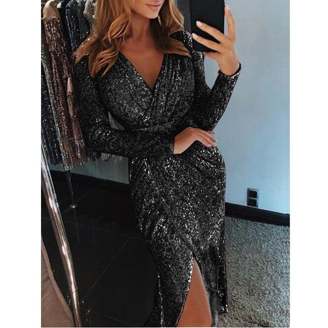 Ruiyige 2019 New Spring Sexy V Neck High Slit Party Dress Women Glitter Bodycon Midi Tunic Dresses Long Sleeve Ladies Vestidos