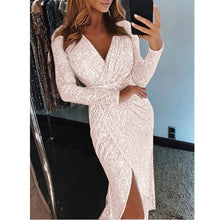 Load image into Gallery viewer, Ruiyige 2019 New Spring Sexy V Neck High Slit Party Dress Women Glitter Bodycon Midi Tunic Dresses Long Sleeve Ladies Vestidos