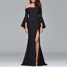 Load image into Gallery viewer, Ruiyige Sexy Off Shoulder Party Dress Vrouwen Solid Hoge Split Ruches Mouwen Elegante Jurken Herfst Bodycon Robe Femme Vestidos