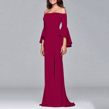 Load image into Gallery viewer, Ruiyige Sexy Off Shoulder Party Dress Vrouwen Solid Hoge Split Ruches Mouwen Elegante Jurken Herfst Bodycon Robe Femme Vestidos