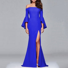 Load image into Gallery viewer, Ruiyige Sexy Off Shoulder Party Dress Vrouwen Solid Hoge Split Ruches Mouwen Elegante Jurken Herfst Bodycon Robe Femme Vestidos