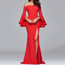 Load image into Gallery viewer, Ruiyige Sexy Off Shoulder Party Dress Vrouwen Solid Hoge Split Ruches Mouwen Elegante Jurken Herfst Bodycon Robe Femme Vestidos