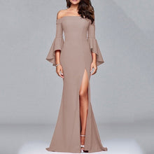 Load image into Gallery viewer, Ruiyige Sexy Off Shoulder Party Dress Vrouwen Solid Hoge Split Ruches Mouwen Elegante Jurken Herfst Bodycon Robe Femme Vestidos