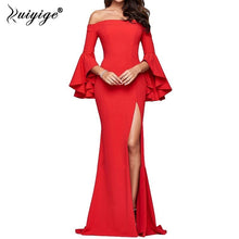 Load image into Gallery viewer, Ruiyige Sexy Off Shoulder Party Dress Vrouwen Solid Hoge Split Ruches Mouwen Elegante Jurken Herfst Bodycon Robe Femme Vestidos