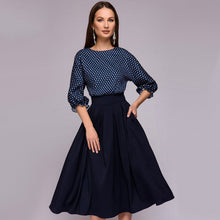 Load image into Gallery viewer, Vintage Afdrukken Lantaarn Mouw Herfst Jurk 2018 Vrouwen Elegante O-hals Half Mouwen A-lijn Casual Dress Mid-Kalf Party Jurken