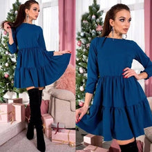 Load image into Gallery viewer, Vrouwen 2018 Herfst Ruches Geplooide Jurk Effen Kleur Drie Kwart Mouw O-hals EEN-Li'ne Casual Dress Party Mini jurken