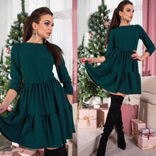 Load image into Gallery viewer, Vrouwen 2018 Herfst Ruches Geplooide Jurk Effen Kleur Drie Kwart Mouw O-hals EEN-Li'ne Casual Dress Party Mini jurken