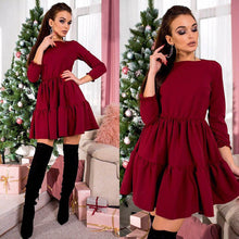 Load image into Gallery viewer, Vrouwen 2018 Herfst Ruches Geplooide Jurk Effen Kleur Drie Kwart Mouw O-hals EEN-Li'ne Casual Dress Party Mini jurken